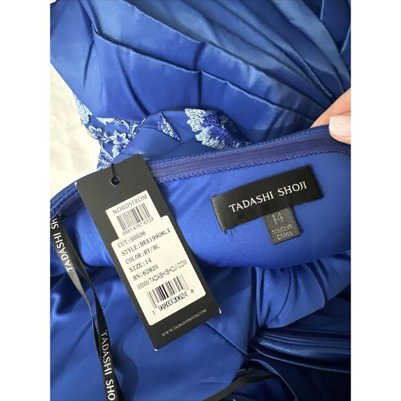NWT $608 Tadashi Shoji [ 14 ] Embroidered Lace One‎ Shoulder Taffeta Gown Blue - Picture 3 of 15